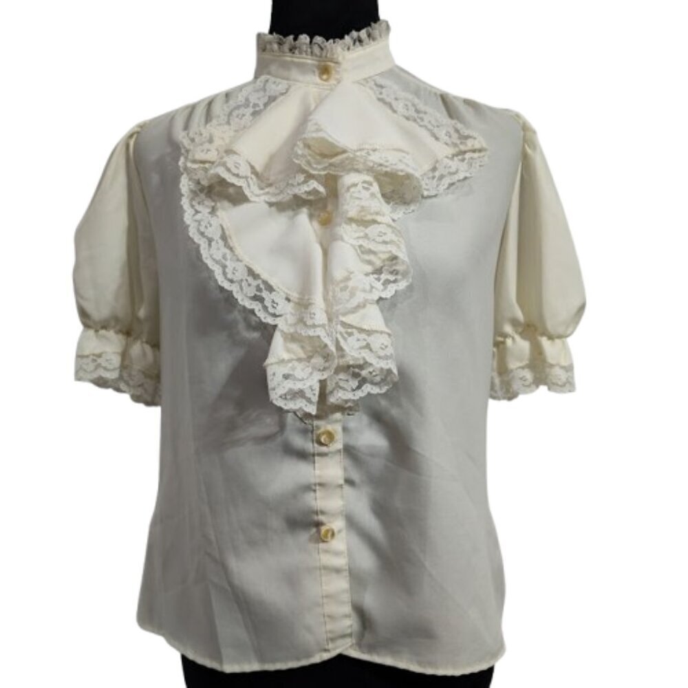 Vintage Brian Michele Puff Sleeve Ruffle Tuxedo Button Down Ivory Petite - Picture 5 of 13